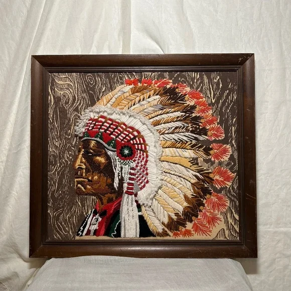 Rustic Vintage 1975 Embroidered Crewel Work Native American Chief Erica Wilson. - Picture 1 of 4